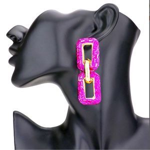 Fuchsia & Gold Bling Double Open Rectangle Link Dangle Statement Earrings